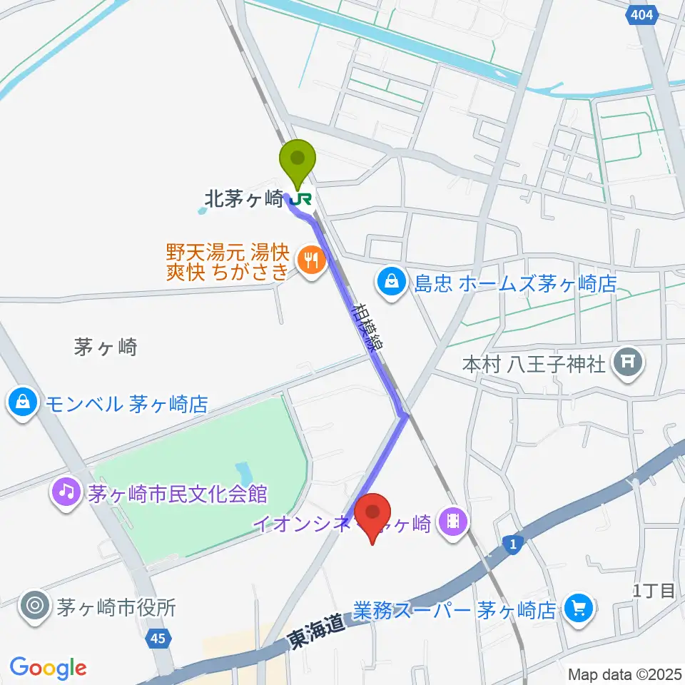 北茅ケ崎駅からイオンシネマ茅ヶ崎へのルートマップ地図