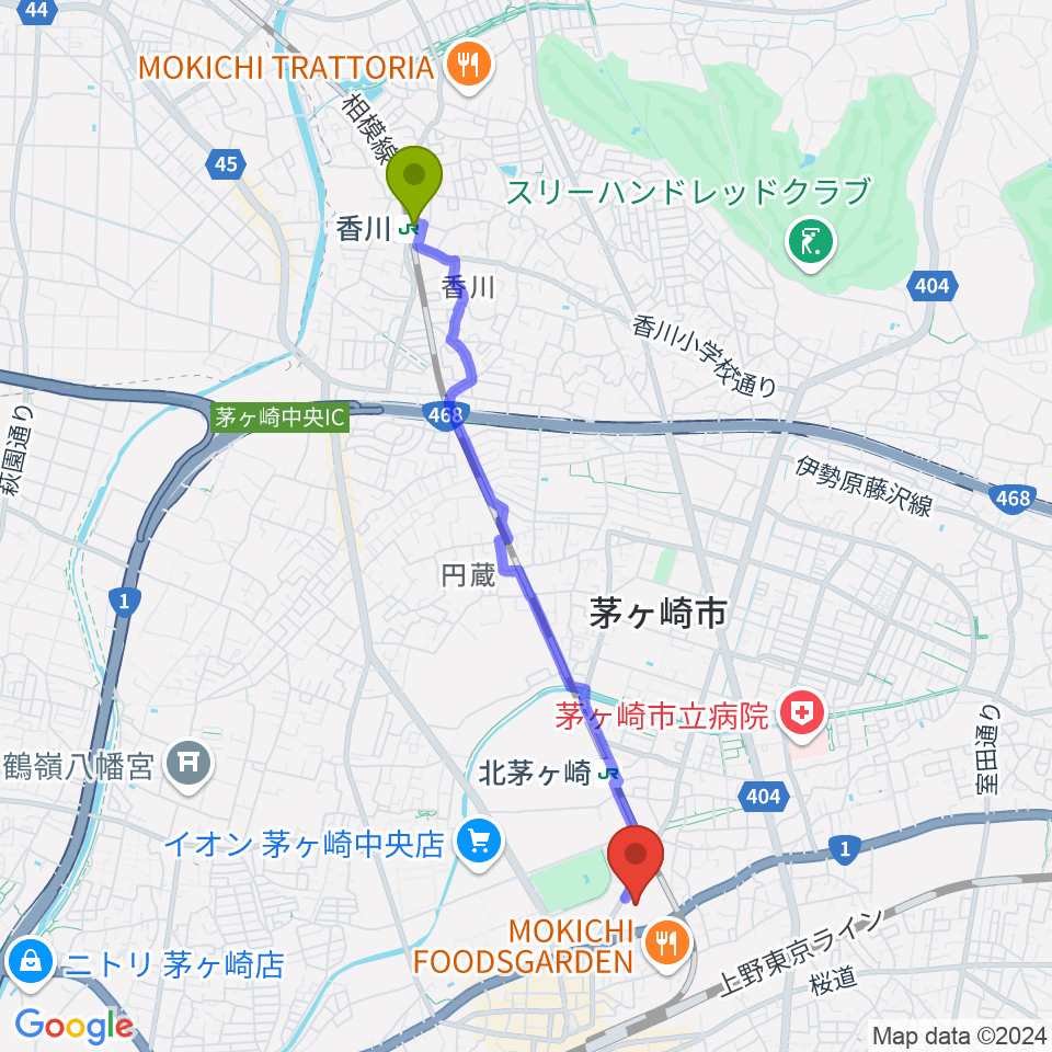 香川駅からイオンシネマ茅ヶ崎へのルートマップ地図