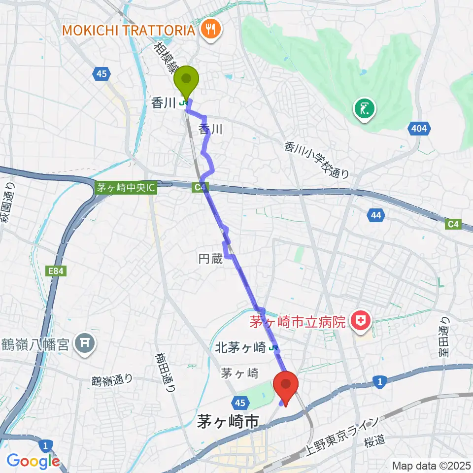 香川駅からイオンシネマ茅ヶ崎へのルートマップ地図
