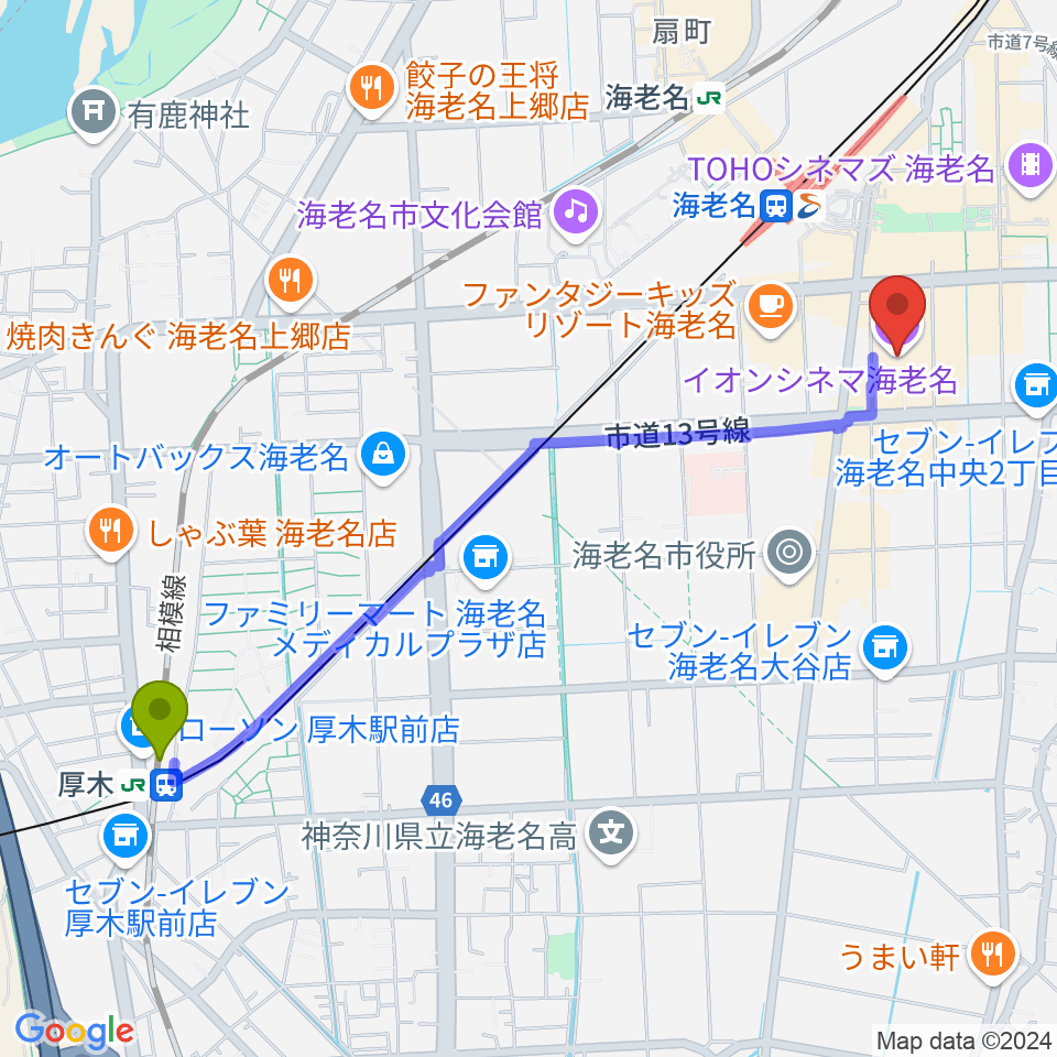 厚木駅からイオンシネマ海老名へのルートマップ地図