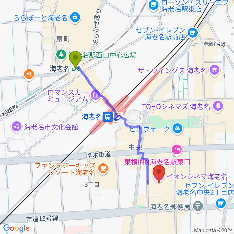 イオンシネマ海老名の最寄駅海老名駅からの徒歩ルート（約9分）地図