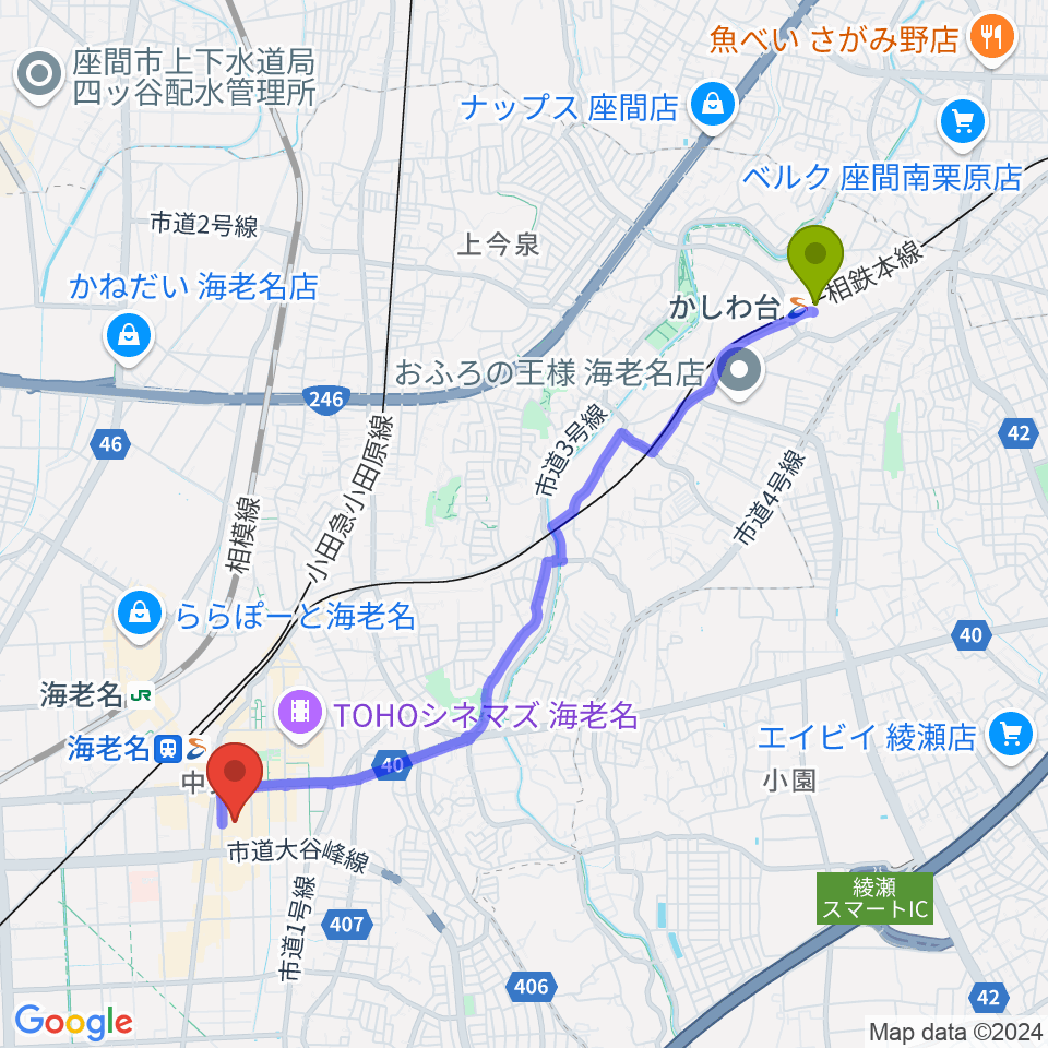 かしわ台駅からイオンシネマ海老名へのルートマップ地図