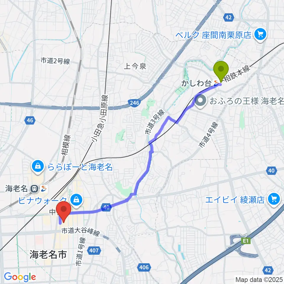 かしわ台駅からイオンシネマ海老名へのルートマップ地図