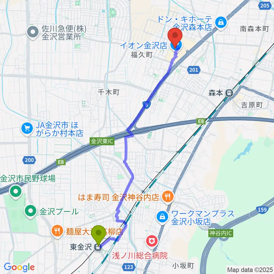 東金沢駅からイオンシネマ金沢へのルートマップ地図