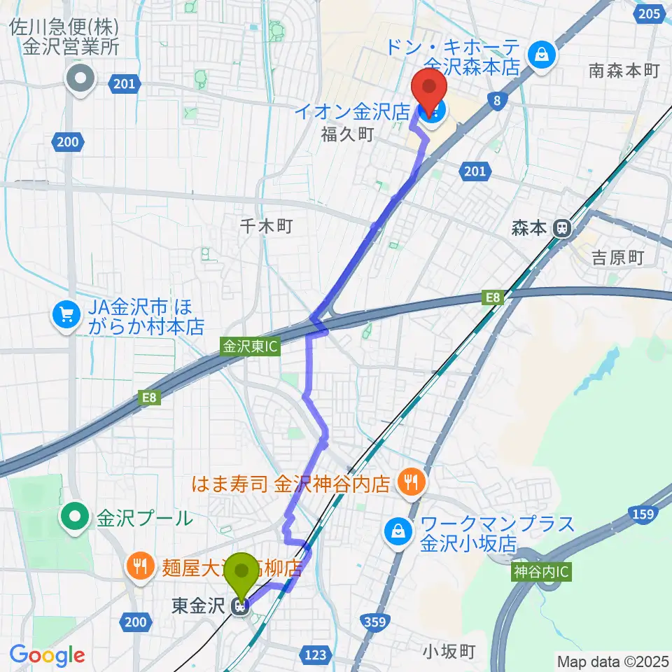 東金沢駅からイオンシネマ金沢へのルートマップ地図