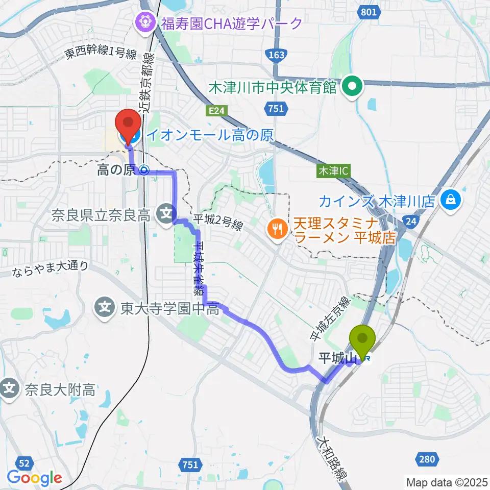 平城山駅からイオンシネマ高の原へのルートマップ地図