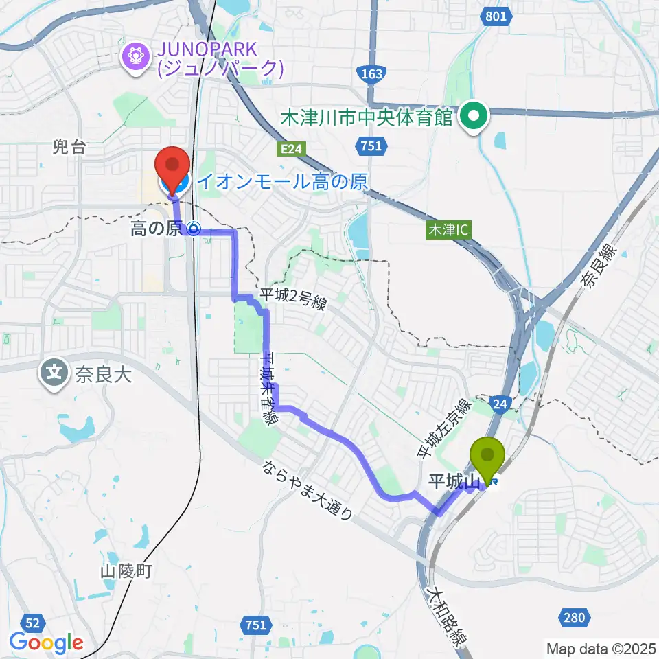 平城山駅からイオンシネマ高の原へのルートマップ地図