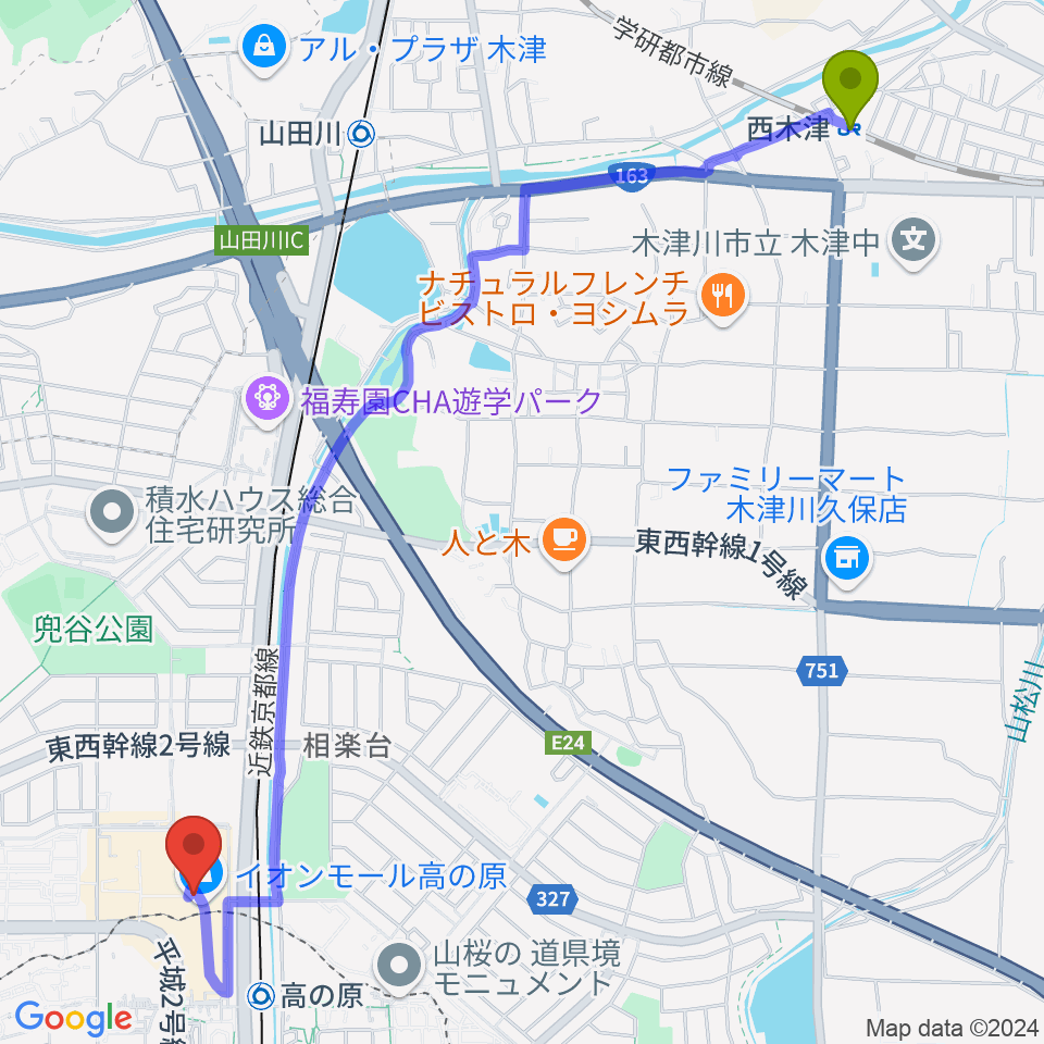 西木津駅からイオンシネマ高の原へのルートマップ地図