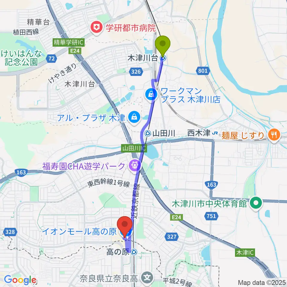 木津川台駅からイオンシネマ高の原へのルートマップ地図