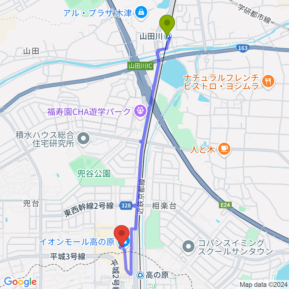 山田川駅からイオンシネマ高の原へのルートマップ地図