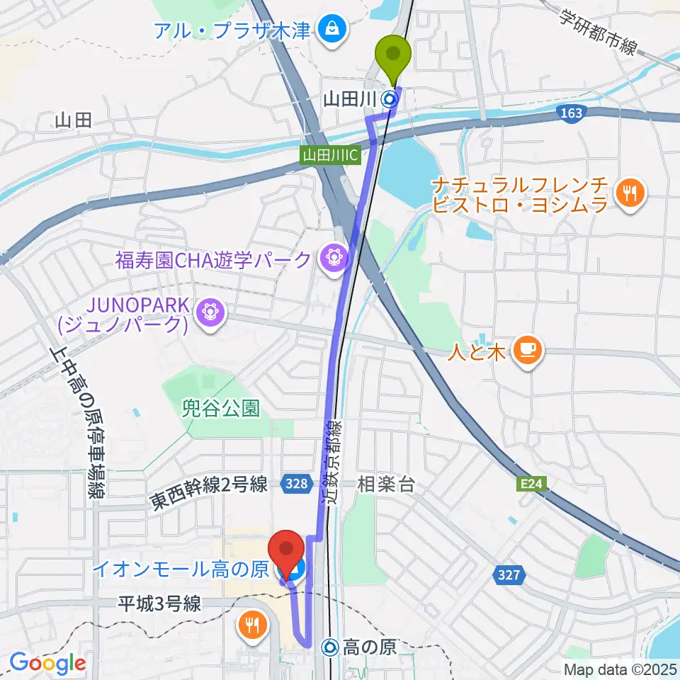 山田川駅からイオンシネマ高の原へのルートマップ地図