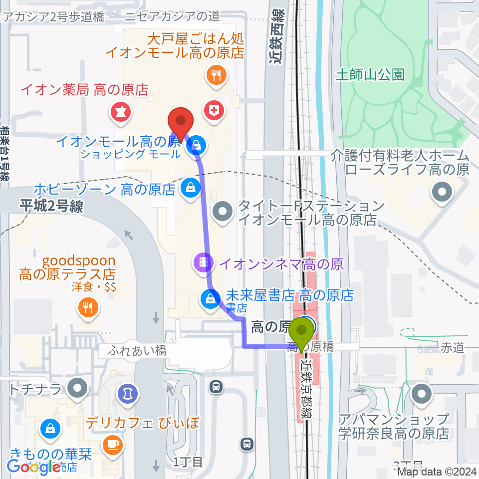 イオンシネマ高の原の最寄駅高の原駅からの徒歩ルート（約4分）地図