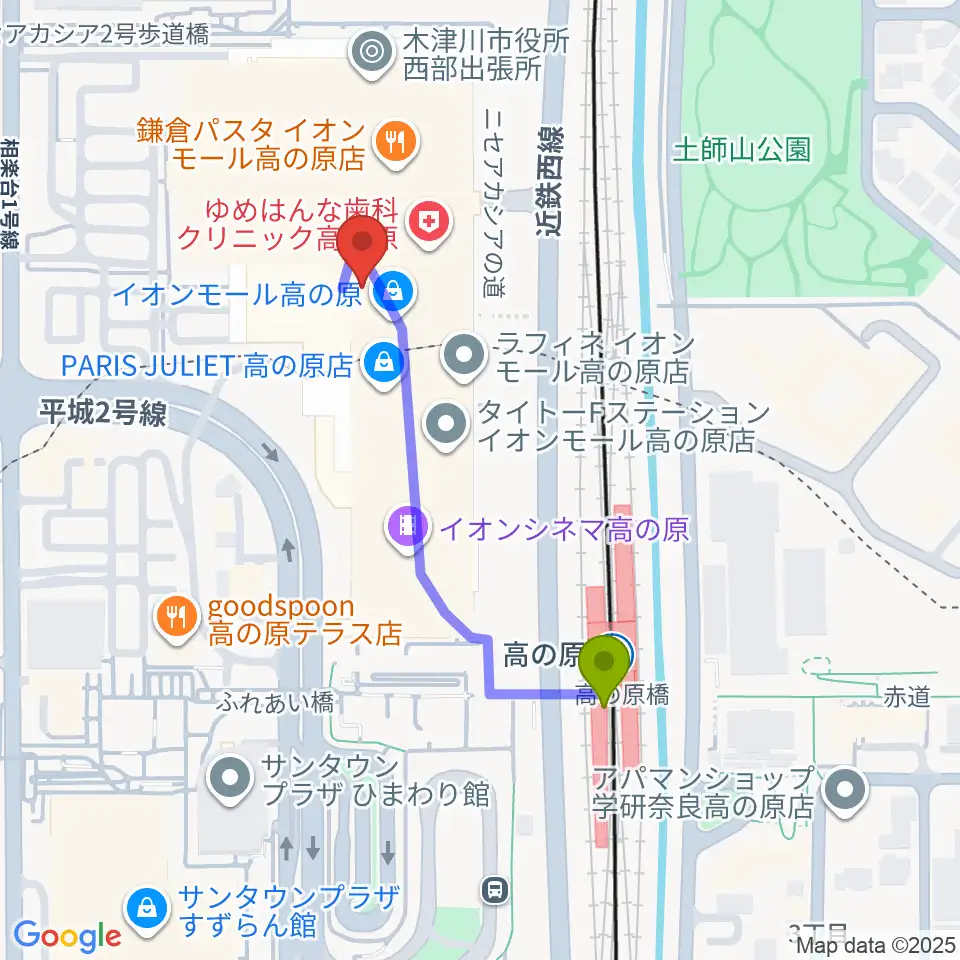 イオンシネマ高の原の最寄駅高の原駅からの徒歩ルート（約4分）地図