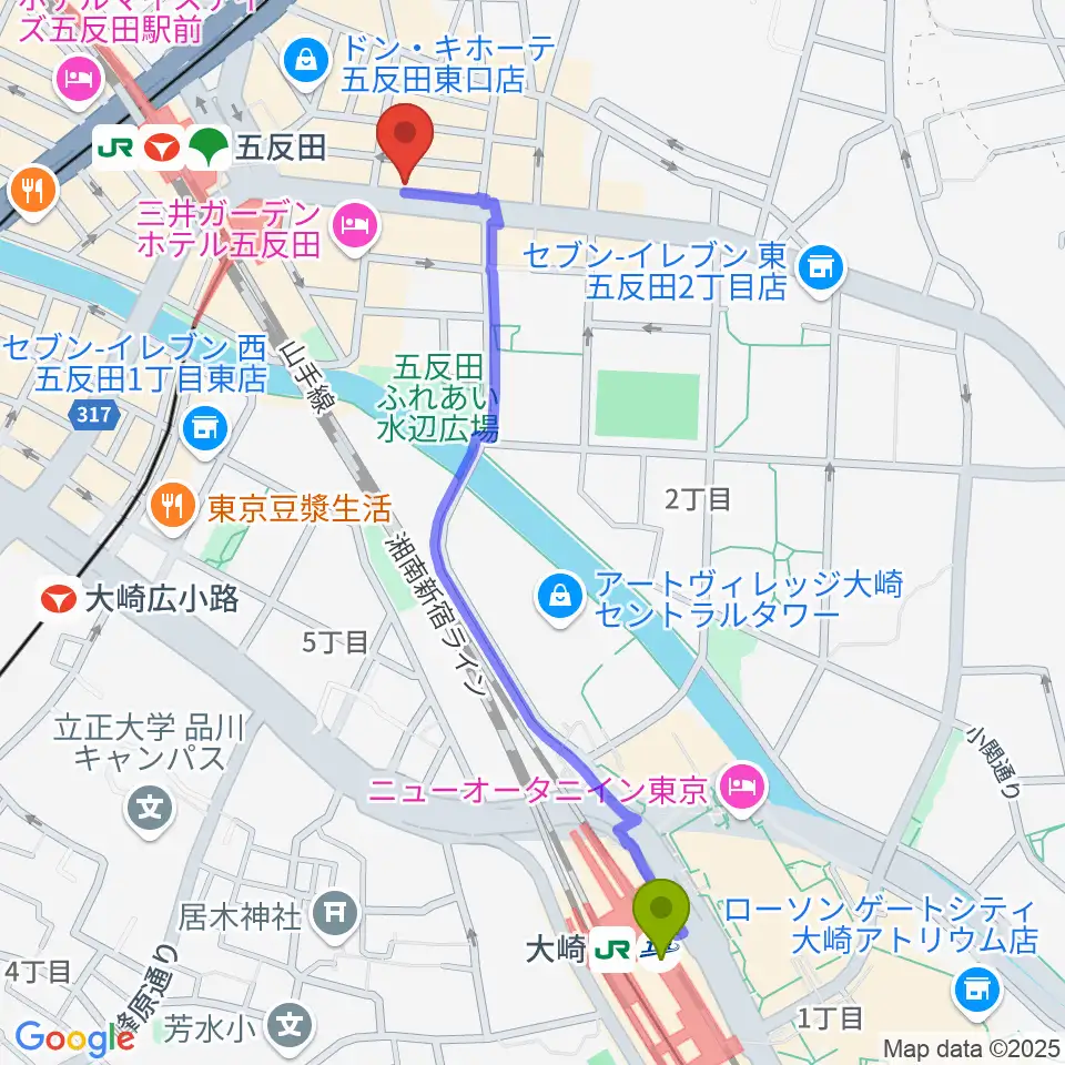 大崎駅から弾き語りbar ピストルへのルートマップ地図