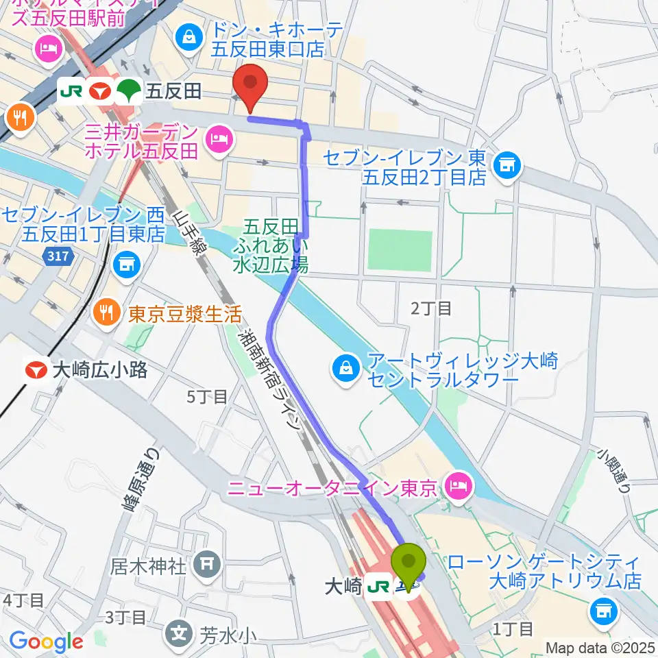 大崎駅から弾き語りbar ピストルへのルートマップ地図
