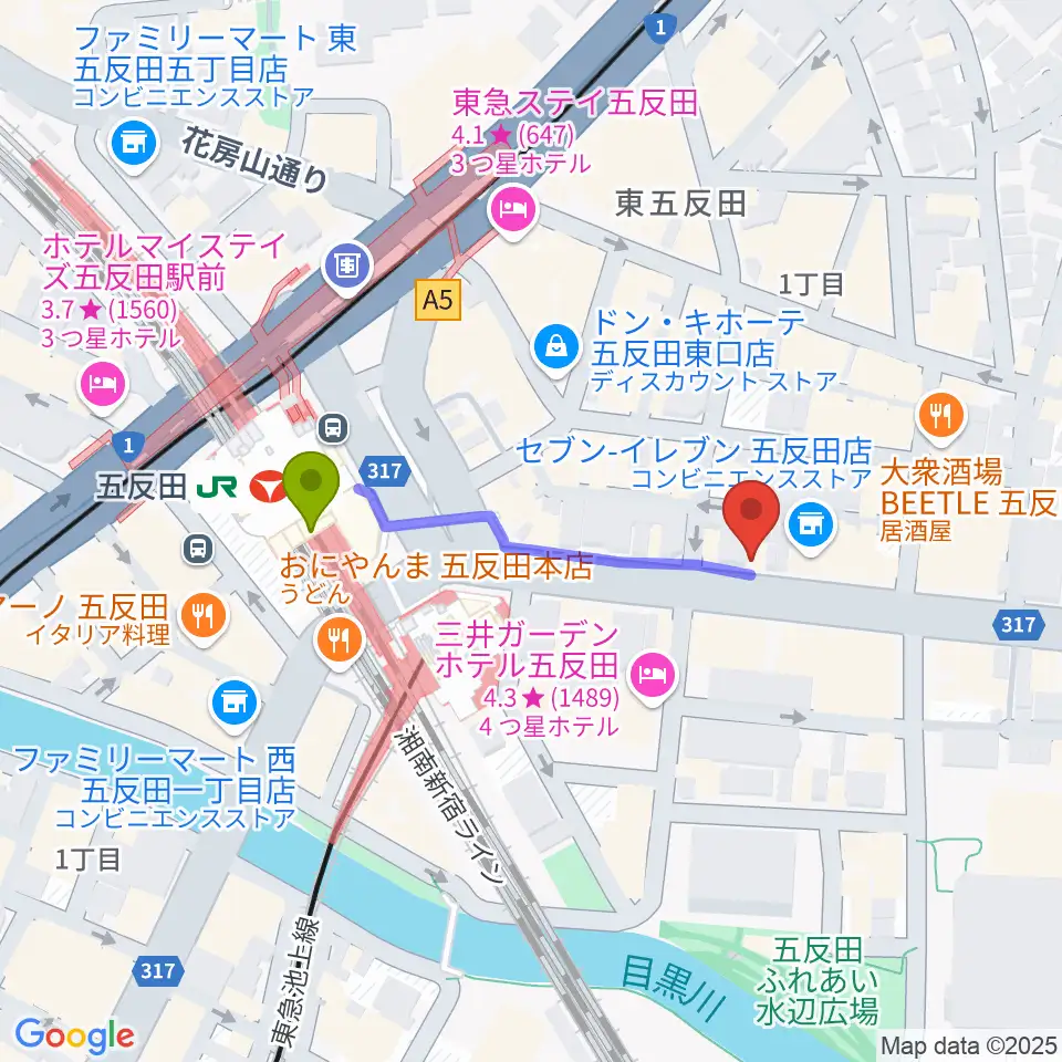 弾き語りbar ピストルの最寄駅五反田駅からの徒歩ルート（約3分）地図