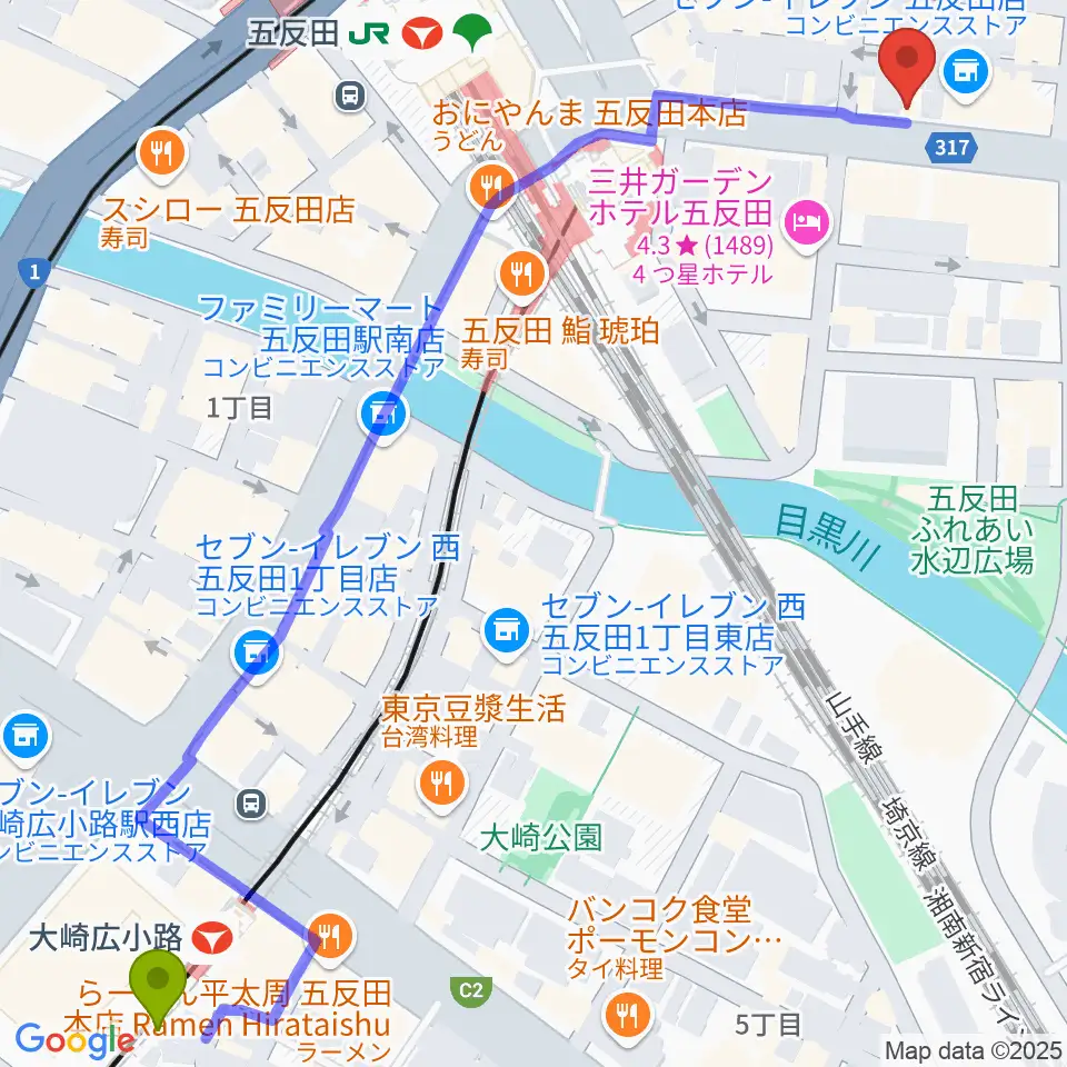 大崎広小路駅から弾き語りbar ピストルへのルートマップ地図