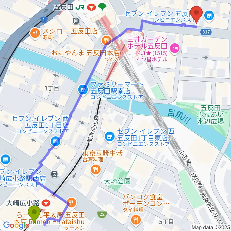 大崎広小路駅から弾き語りbar ピストルへのルートマップ地図