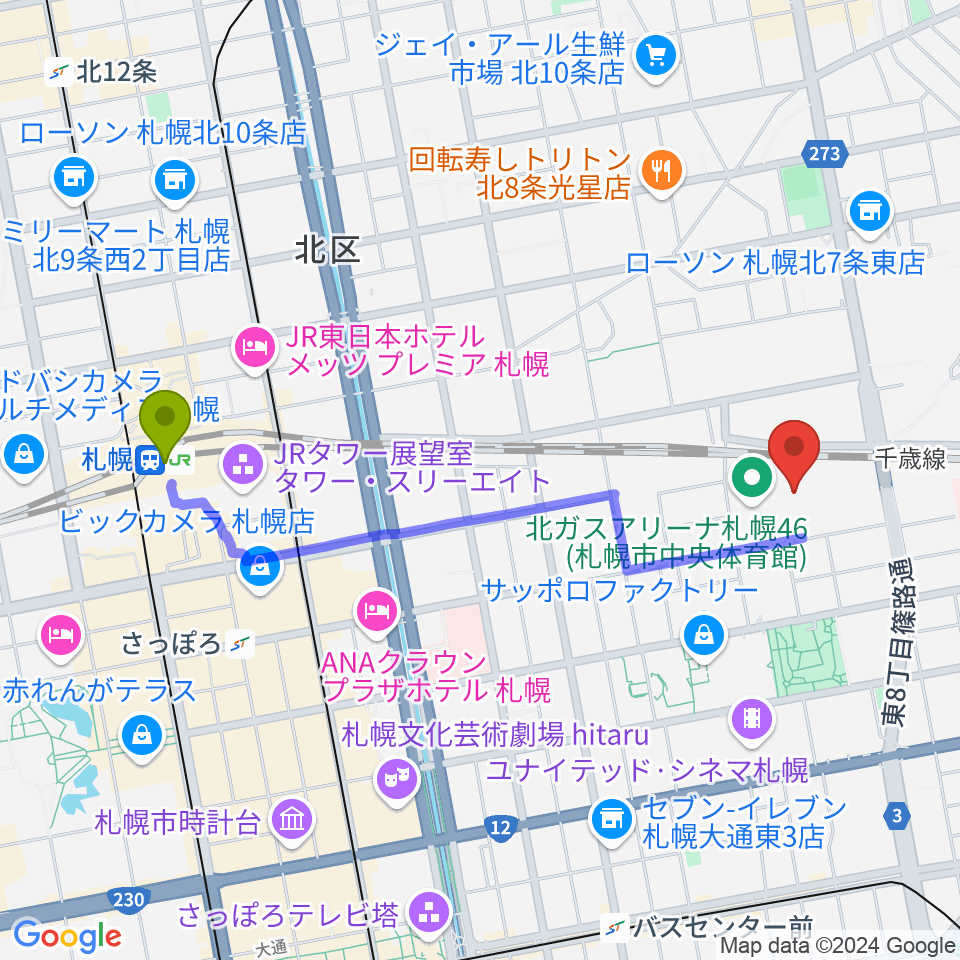 札幌駅から北ガスアリーナ札幌46へのルートマップ地図