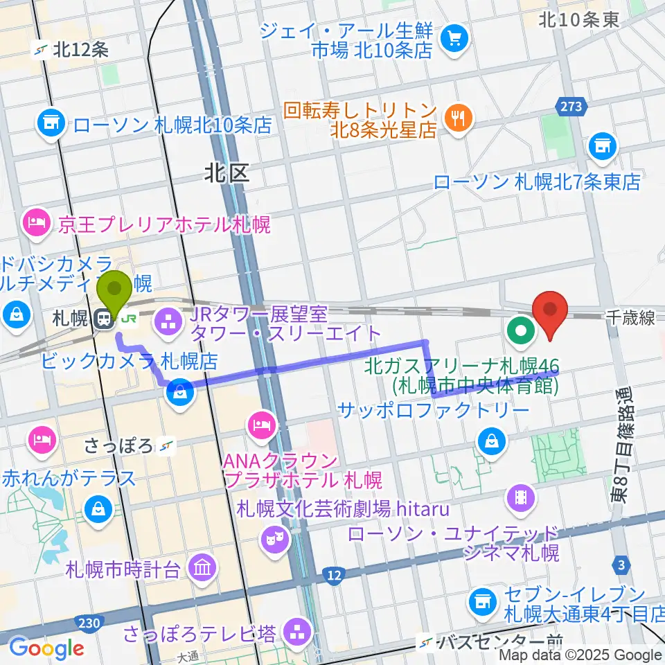 札幌駅から北ガスアリーナ札幌46へのルートマップ地図