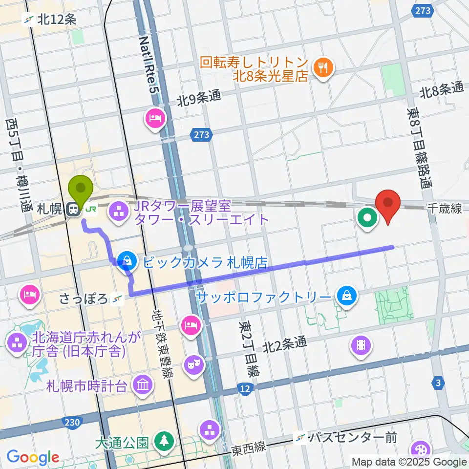 札幌駅から北ガスアリーナ札幌46へのルートマップ地図