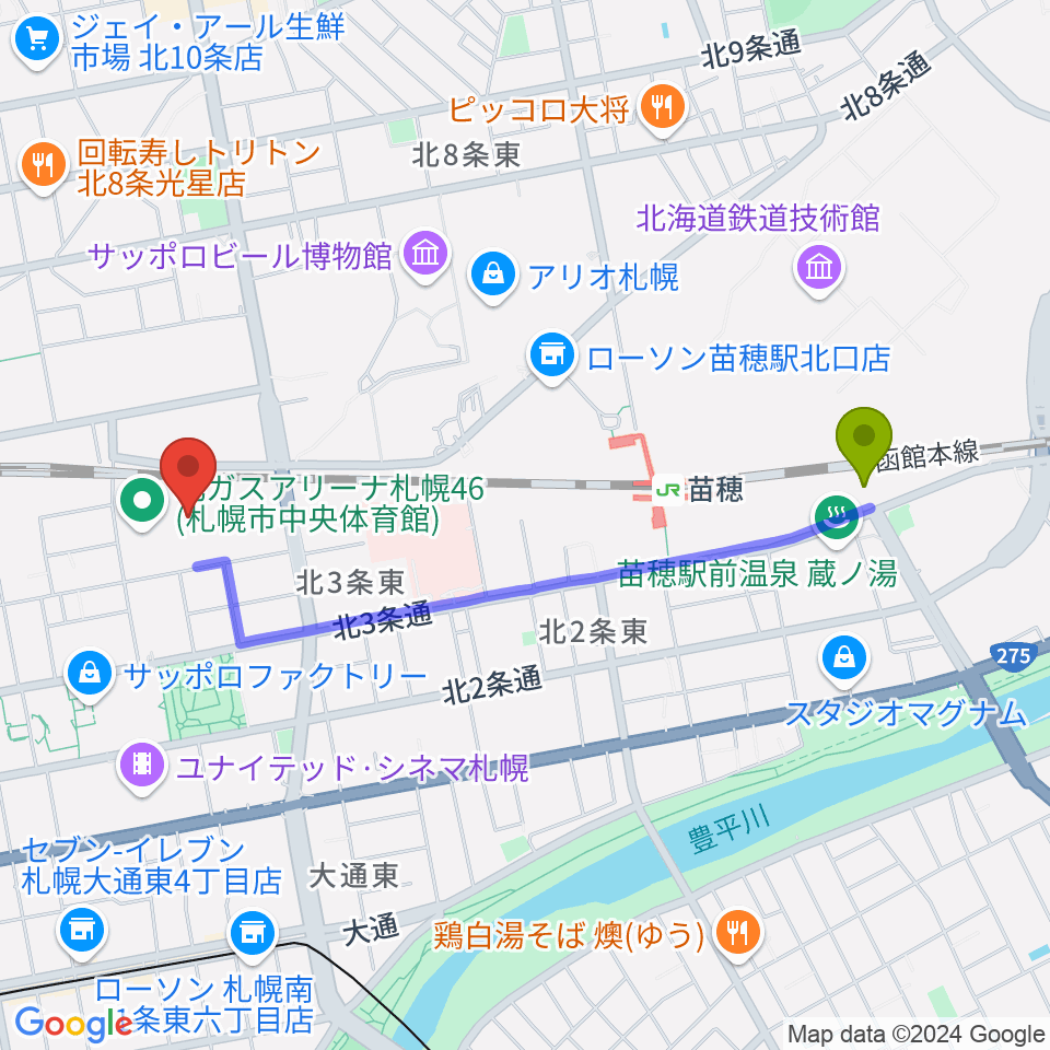 苗穂駅から北ガスアリーナ札幌46へのルートマップ地図