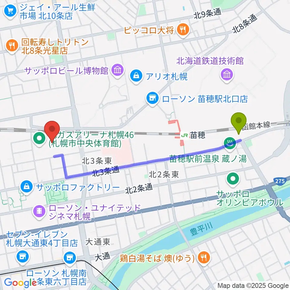 苗穂駅から北ガスアリーナ札幌46へのルートマップ地図