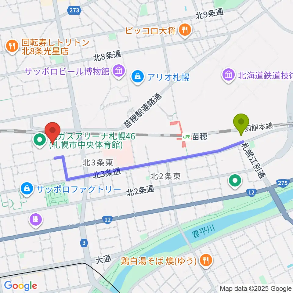 苗穂駅から北ガスアリーナ札幌46へのルートマップ地図