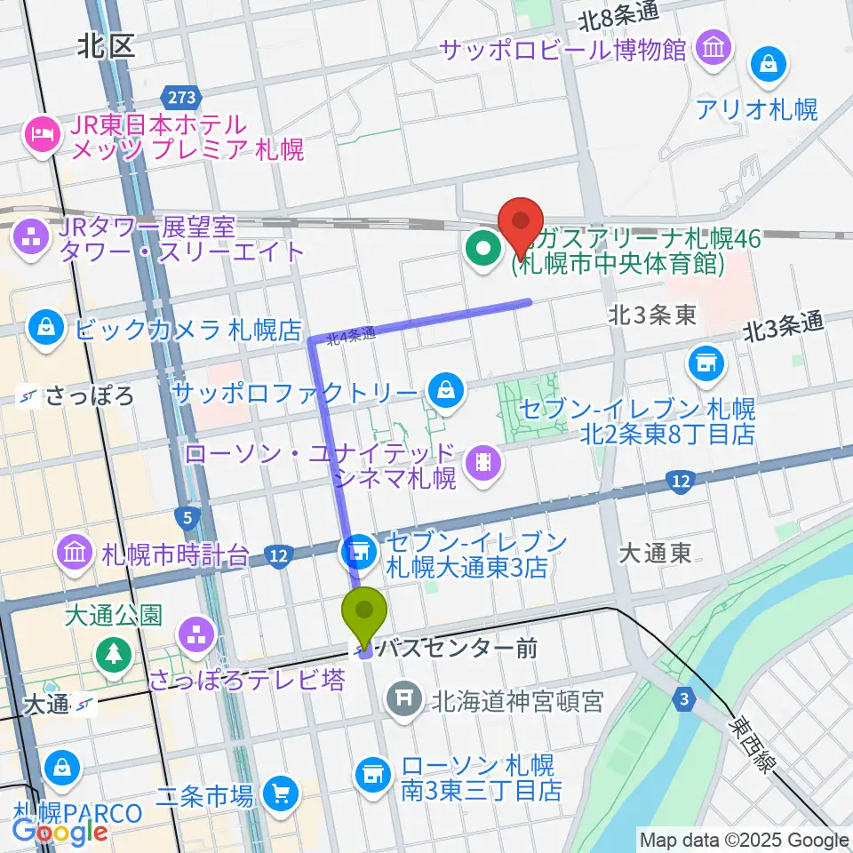 北ガスアリーナ札幌46の最寄駅バスセンター前駅からの徒歩ルート（約14分）地図