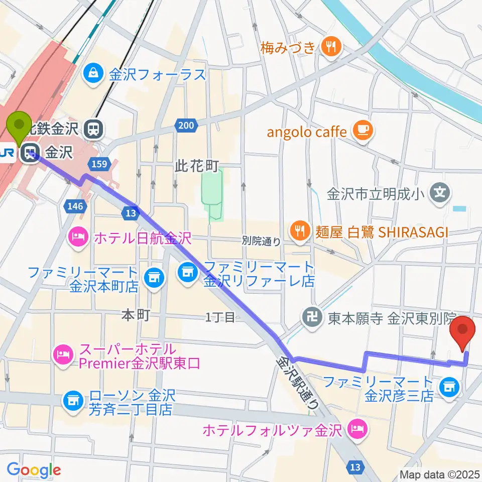 金沢Tsudohの最寄駅金沢駅からの徒歩ルート（約16分）地図