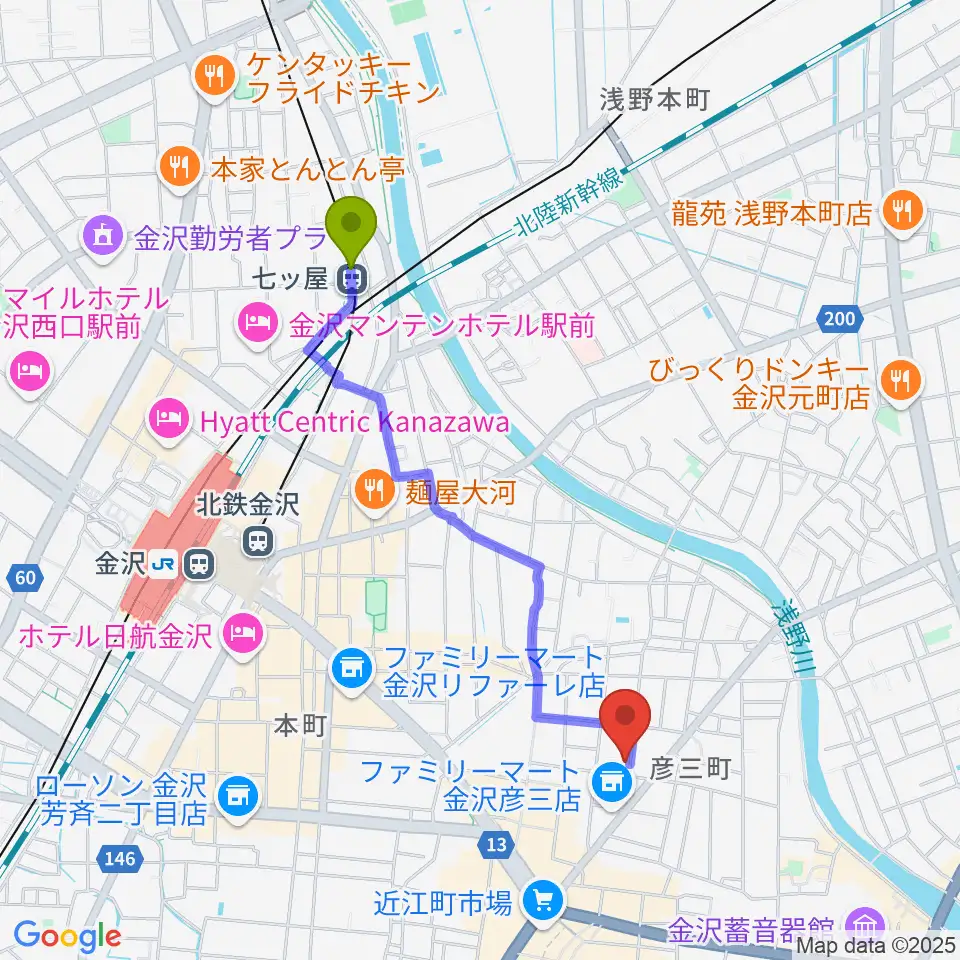 七ツ屋駅から金沢Tsudohへのルートマップ地図