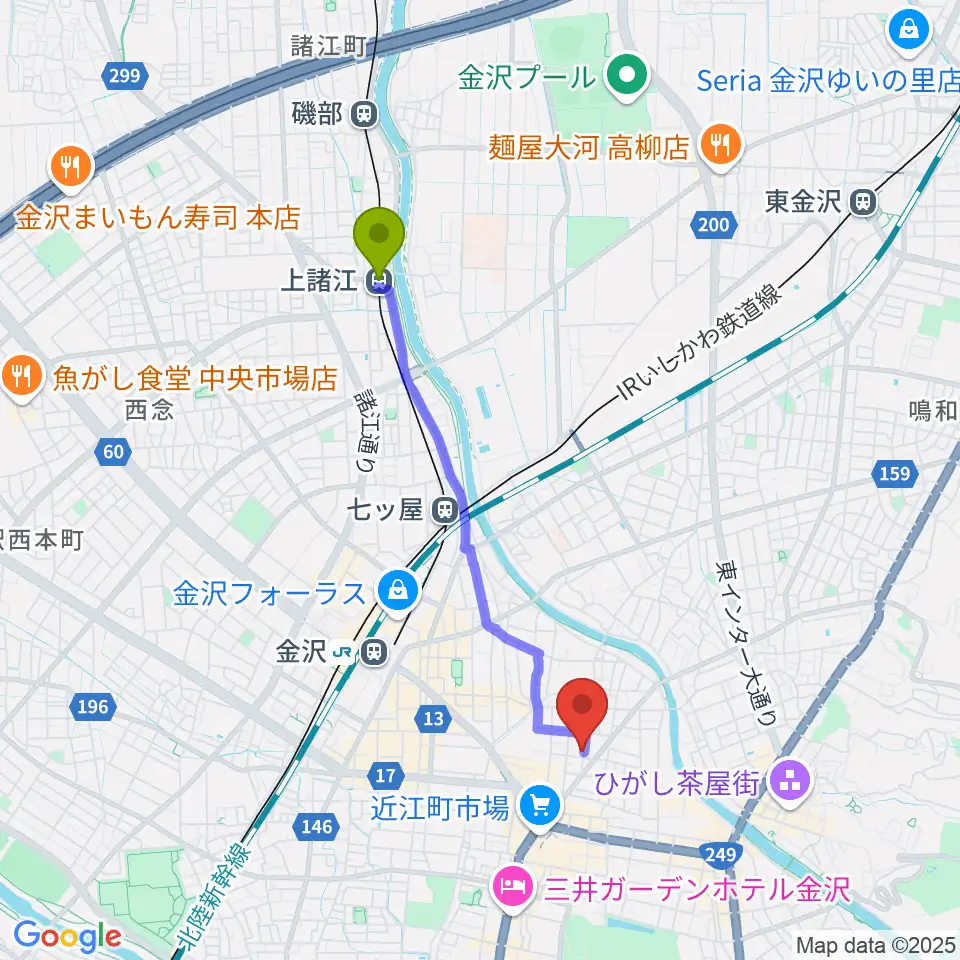 上諸江駅から金沢Tsudohへのルートマップ地図