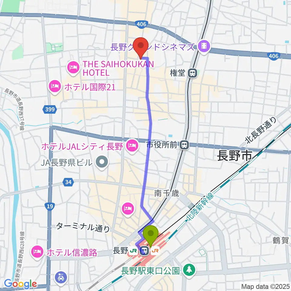 長野駅からMISSTONESへのルートマップ地図