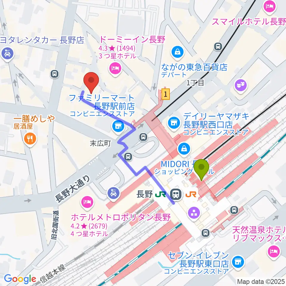 千石劇場の最寄駅長野駅からの徒歩ルート（約4分）地図