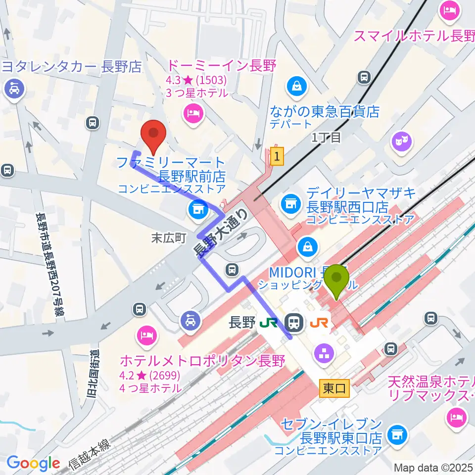 千石劇場の最寄駅長野駅からの徒歩ルート（約4分）地図