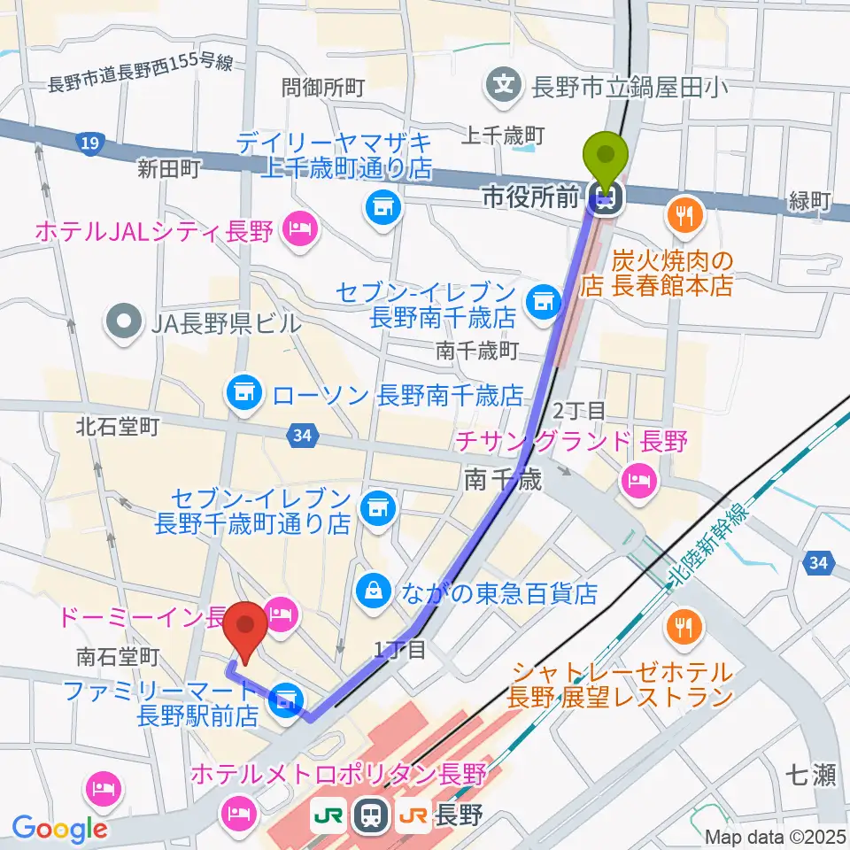 市役所前駅から千石劇場へのルートマップ地図