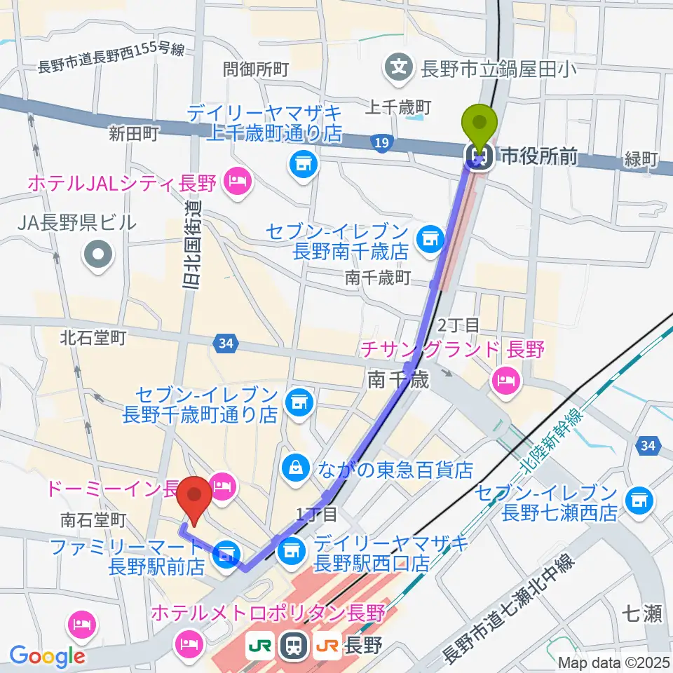市役所前駅から千石劇場へのルートマップ地図