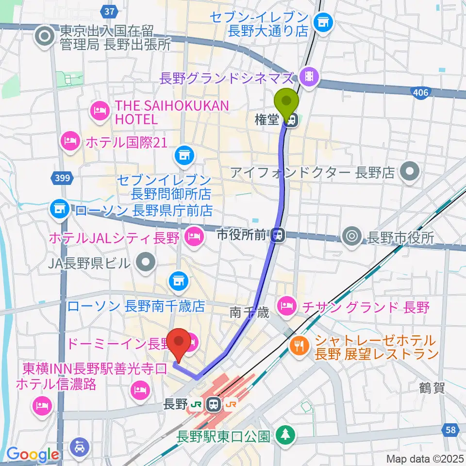 権堂駅から千石劇場へのルートマップ地図