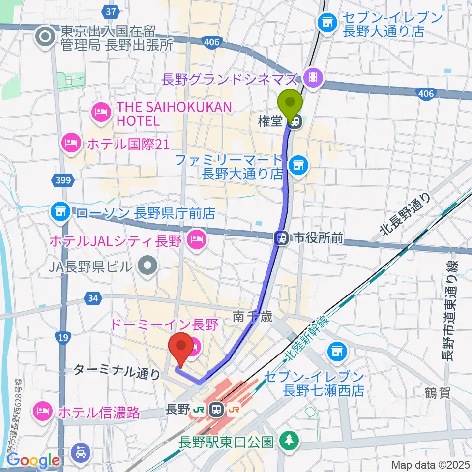 権堂駅から千石劇場へのルートマップ地図