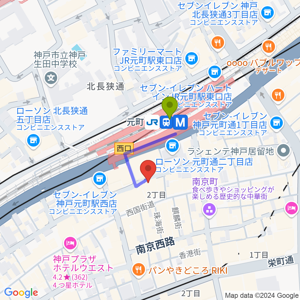 ベースオントップ神戸元町店の最寄駅元町駅からの徒歩ルート（約2分）地図