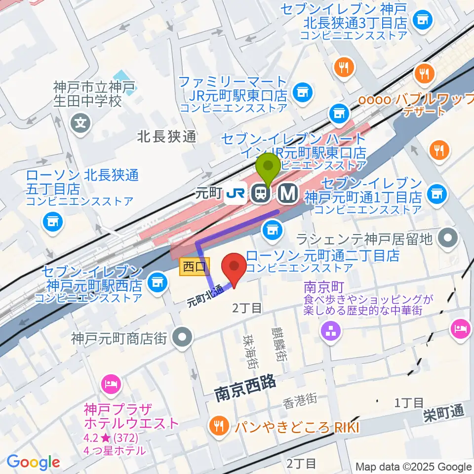 ベースオントップ神戸元町店の最寄駅元町駅からの徒歩ルート（約2分）地図