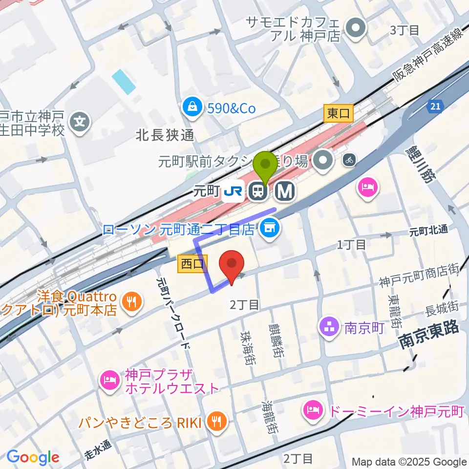 ベースオントップ神戸元町店の最寄駅元町駅からの徒歩ルート（約2分）地図