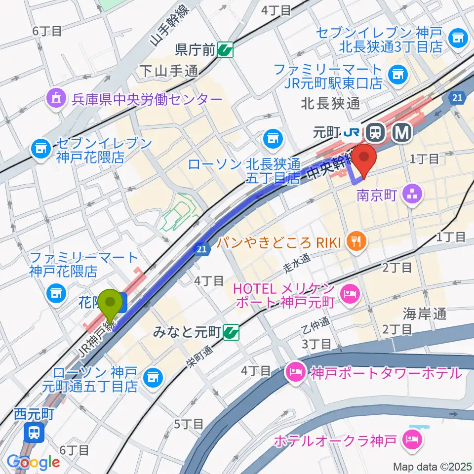 花隈駅からベースオントップ神戸元町店へのルートマップ地図