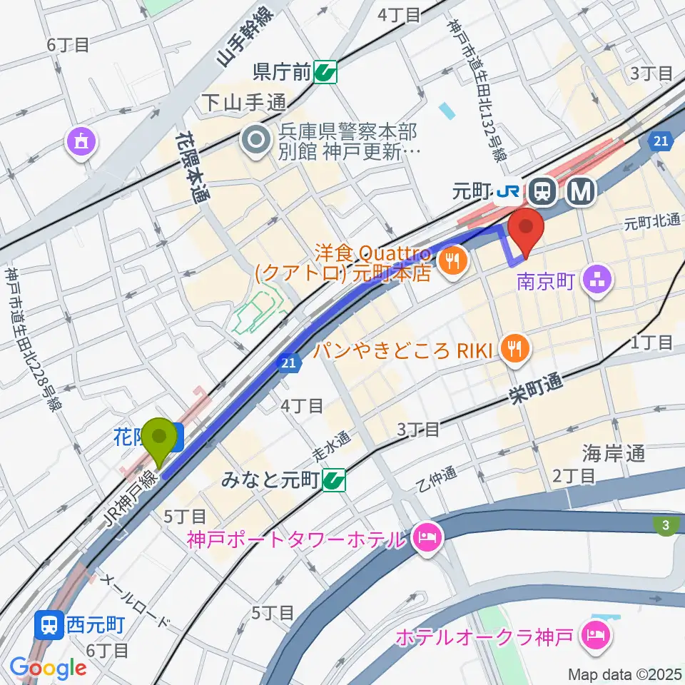 花隈駅からベースオントップ神戸元町店へのルートマップ地図