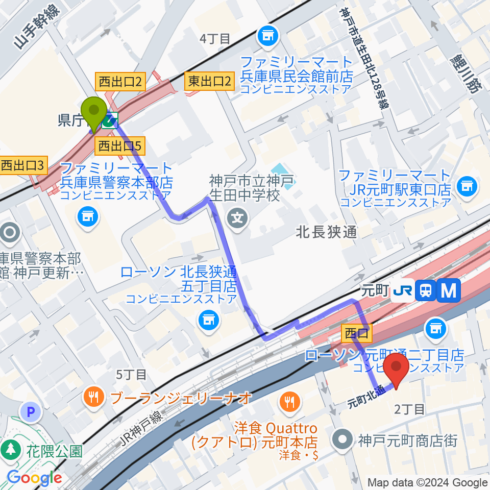 県庁前駅からベースオントップ神戸元町店へのルートマップ地図