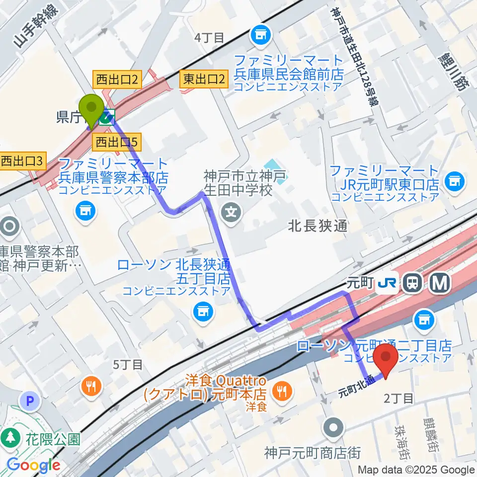 県庁前駅からベースオントップ神戸元町店へのルートマップ地図