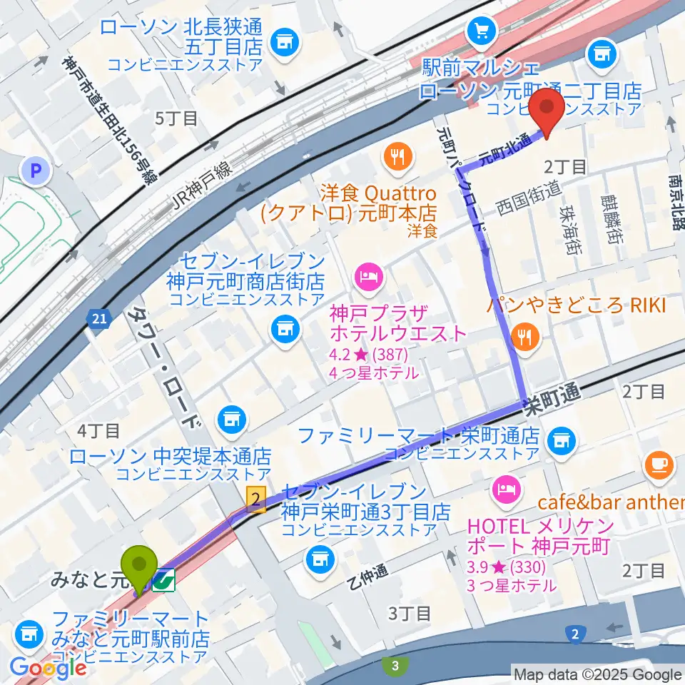 みなと元町駅からベースオントップ神戸元町店へのルートマップ地図