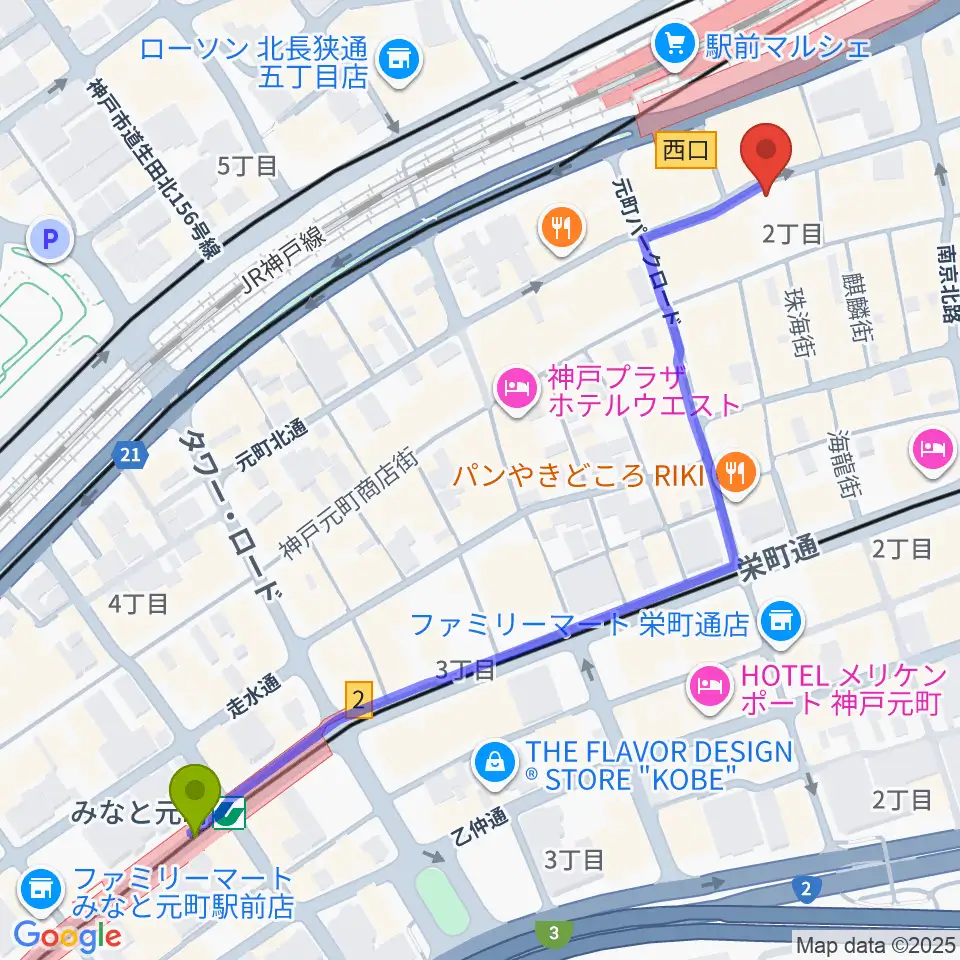 みなと元町駅からベースオントップ神戸元町店へのルートマップ地図