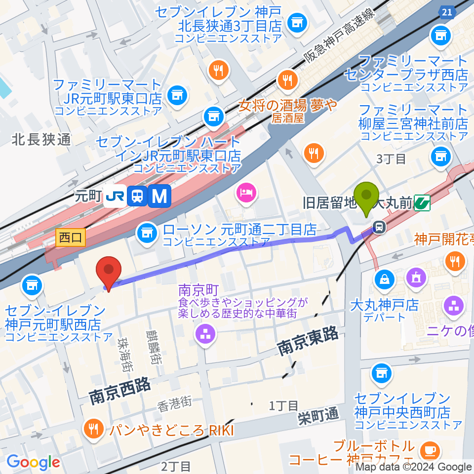 旧居留地・大丸前駅からベースオントップ神戸元町店へのルートマップ地図