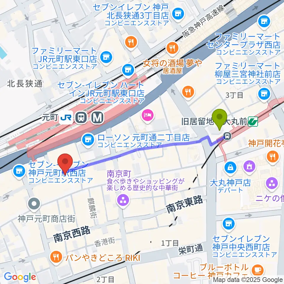 旧居留地・大丸前駅からベースオントップ神戸元町店へのルートマップ地図